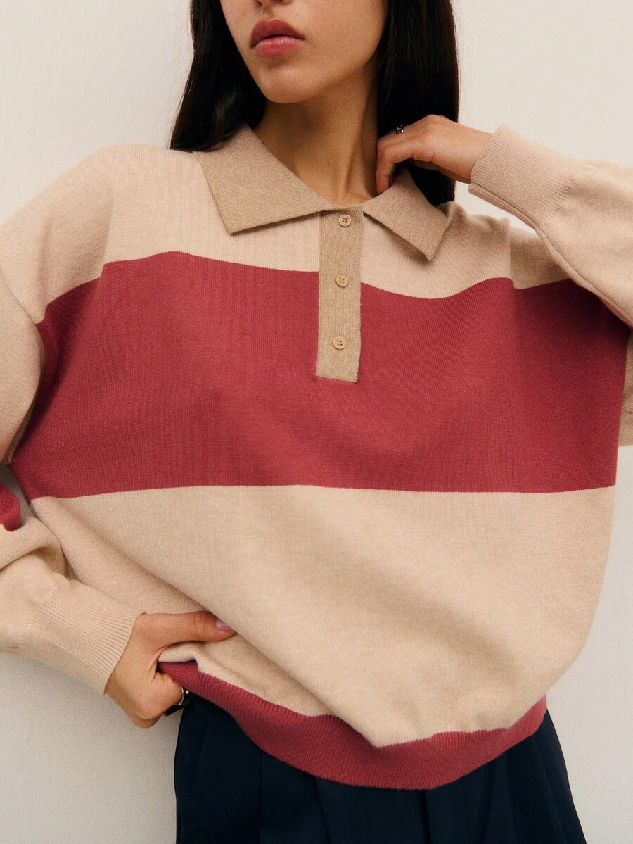 Nöista Relaxed Knit Rugby-Style Sweater Featuring Wide Horizontal Stripes In Beige And Deep Brick Red, With A Classic Polo Collar Button Placket. - Dusty Pink - View 1