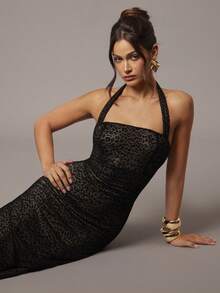 Silquee 女士黑色植绒花卉露背性感优雅长裙，适合日常约会、夜总会派对、聚会、优雅派对、日常约会 - 黑色 - 查看 7