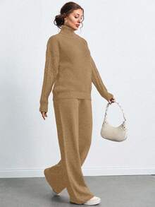 SHEIN Tall 高領落肩袖毛衣褲套裝，女款套裝，小碼套裝，套裝，小碼，冬季衣物，高個子女性 - 米色 - 查看 3