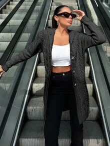 EURMUSE Áo khoác cardigan trùm đầu màu trơn thường ngày cho nữ, Thu/Đông - Màu xám đen - Xem 5