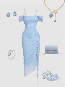 SHEIN MOD 女式纯色褶皱荷叶边下摆连衣裙不对称下摆中长连衣裙蓝色细肩带连衣裙 - 藍色 - 查看 1