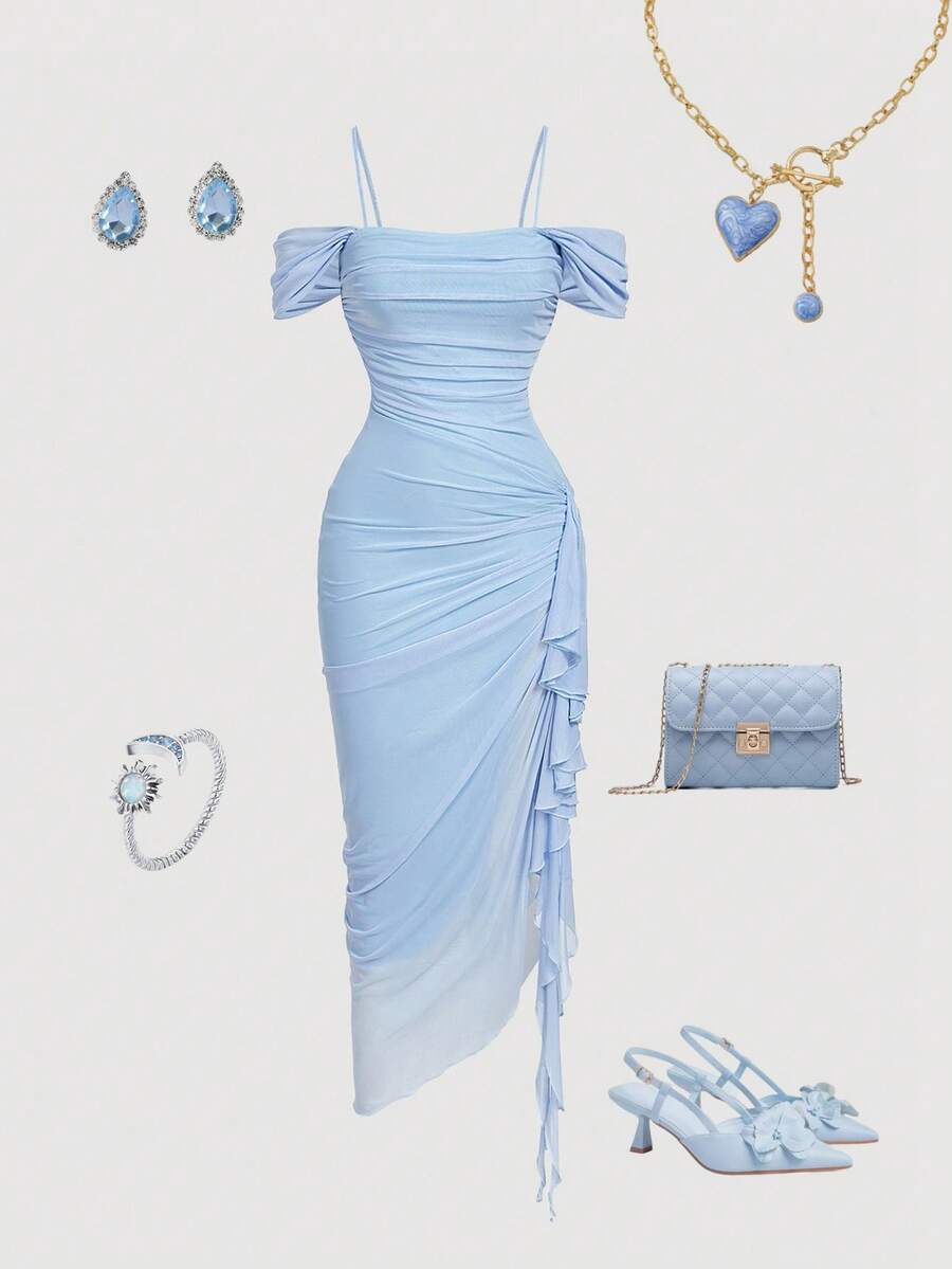 SHEIN MOD 女式纯色褶皱荷叶边下摆连衣裙不对称下摆中长连衣裙蓝色细肩带连衣裙 - 藍色 - 查看 1