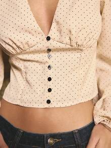 Aralina Fall / Winter Women Contrast Button Down V Neck Polka Dot Printed Long Sleeve Puff Sleeve Corset Style Cinched Waist , Cute Long Sleeve Going Out Top - Multicolor - View 5