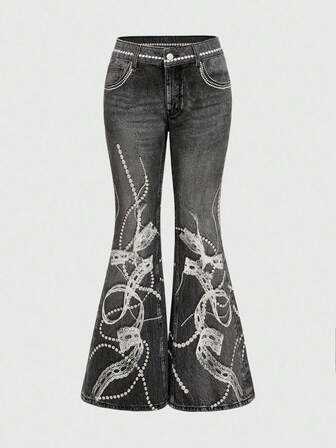 Kawaii Pantalon évasé à taille basse pour femmes avec imprimé numérique, nœud papillon rétro Y2K, dentelle et perles. Coupe légèrement ample