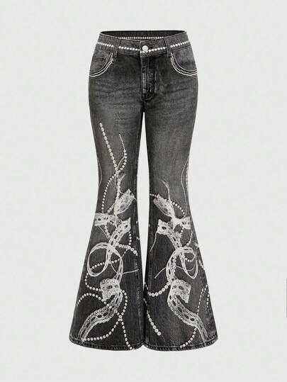 Kawaii Retro Y2K Bowknot Lace Pearl Beaded Digital Print Women Low Waist Flare Pants, Slightly Loose Fit