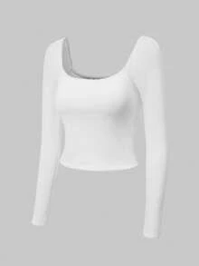 Nuvra 1pc Women's Slim Fit Solid Color Square Neck Long Sleeve Top - White - View 10