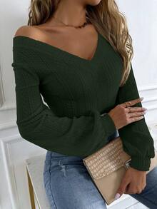 Chiquease Casual Solid Color Textured Lantern Sleeve T-Shirt, Autumn - Army Green - View 6