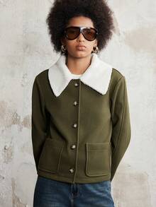 Lumivelle 橄榄绿拼接仿毛皮领短口袋夹克 - 軍綠色 - 查看 6