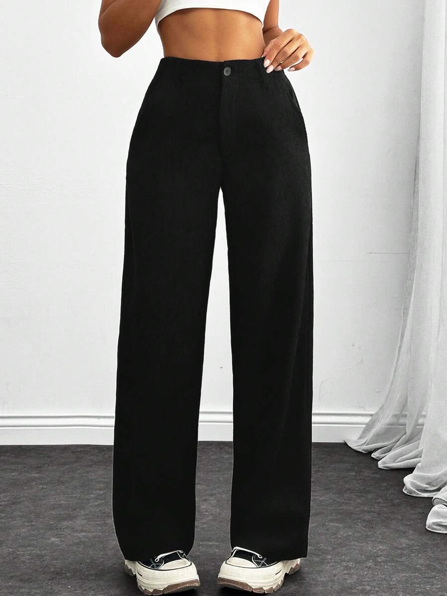 SHEIN Tall Women's High Waist Black Velvet Pants - Black - View 1