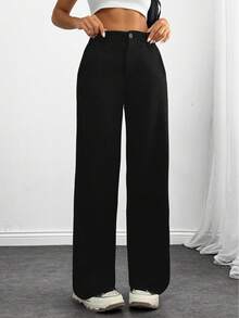 SHEIN Tall Women's High Waist Black Velvet Pants - Black - View 5