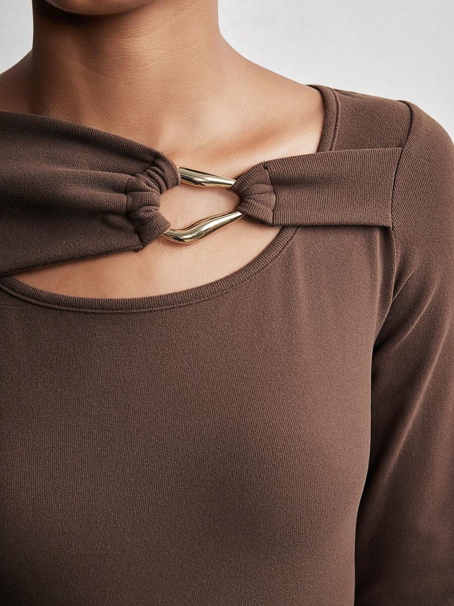 Lumivelle Women's Fashionable Front Button Decor Fitted Long Sleeve T-Shirt, Autumn - Brown - View 1