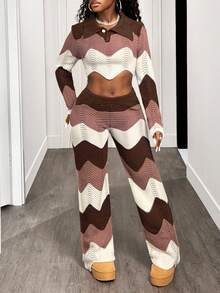 BamGleam Conjunto de pantalones de punto con rayas onduladas para mujer, otoño/invierno - Multicolor - Ver 4