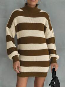 EURMUSE Women Drop Shoulder Sweater Dress With Striped Pattern - Brown - View 3