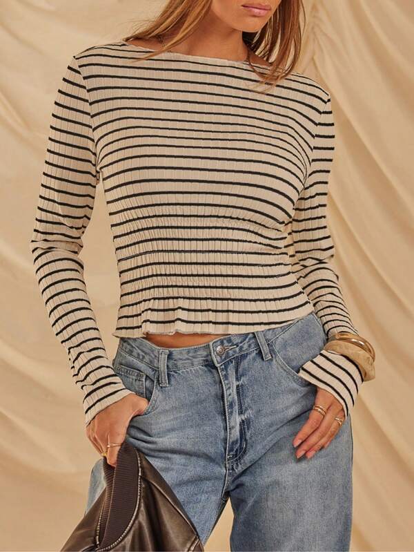 Aralina Parte superior de manga larga con cuello de barco y cintura fruncida con estampado de rayas, parte superior con cintura ceñida para salir, parte superior básica elevada con estilo de Estocolmo para mujer