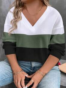 EMERY ROSE Women's V-Neck Layered Collar Color Block Long Sleeve Plus Size T-Shirt, Casual Business Wear For Autumn/Winter - Multicolor - View 5