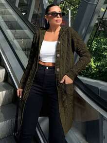 Women's Casual Solid Color Hooded Cardigan With Pockets