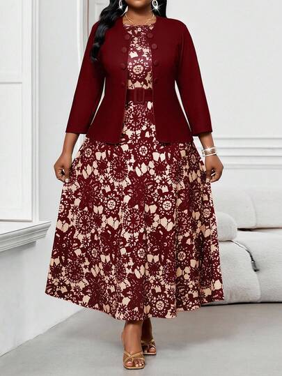 SHEIN Lady 2025 New 2pcs Plus Size Women's Business Abstract Wavy Print Simple Round Neck Belted Holiday Midi Dress Set Going Out Outfits Burgundy Two Pieces Outfits New Year Outfit Christmas Clothes  Women's Winter Clothes Stylish Clothing Collection