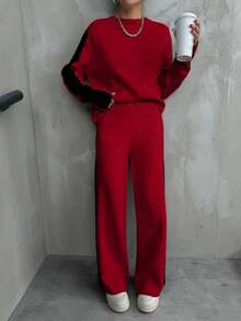 EURMUSE 2pcs/Set Contrast Color Casual Loose Long Sleeve Top And Pants Women Sweater Co-Ords,Petite,Winter Clothes - Red - View 4