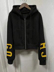 INAWLY Hooded Sweatshirt Sweatshirt, Loose Fit Short Jacket With Thermal Lined, Autumn/Winter - Black - View 3