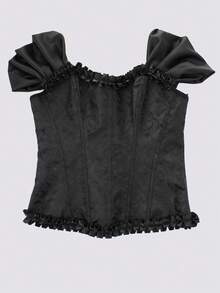 Sweetra 女式荷叶边饰边系带后背紧身胸衣上衣，塑身紧身胸衣复古提花上衣，女士休闲不对称，荷叶边，系带插肩袖露肩修身黑色纯色女式上衣，春夏，休闲日常穿着