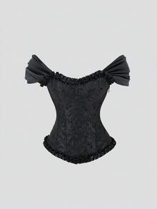 Sweetra 女式荷叶边饰边系带后背紧身胸衣上衣，塑身紧身胸衣复古提花上衣，女士休闲不对称，荷叶边，系带插肩袖露肩修身黑色纯色女式上衣，春夏，休闲日常穿着