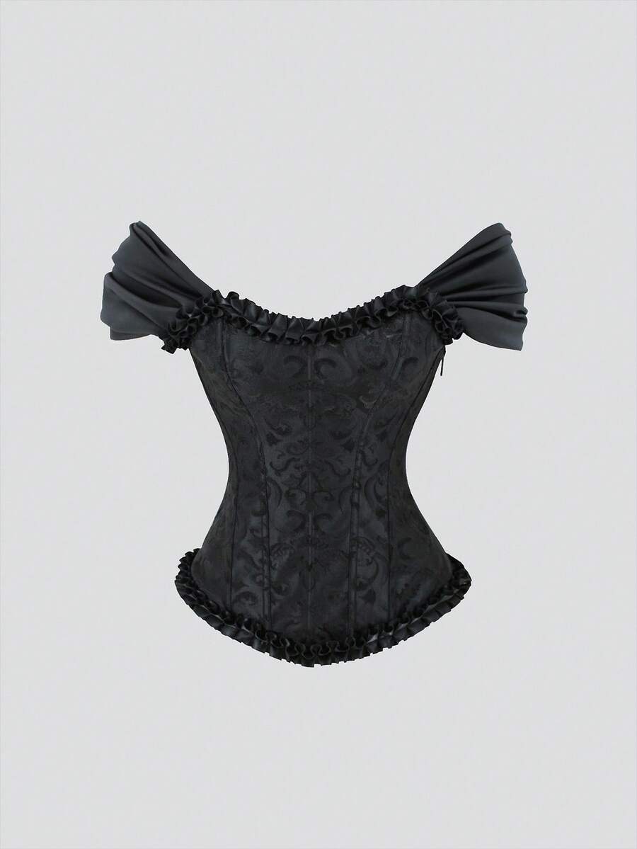 Sweetra 女式荷叶边饰边系带后背紧身胸衣上衣，塑身紧身胸衣复古提花上衣，女士休闲不对称，荷叶边，系带插肩袖露肩修身黑色纯色女式上衣，春夏，休闲日常穿着