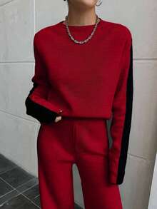 EURMUSE 2pcs/Set Contrast Color Casual Loose Long Sleeve Top And Pants Women Sweater Co-Ords,Petite,Winter Clothes - Red - View 3