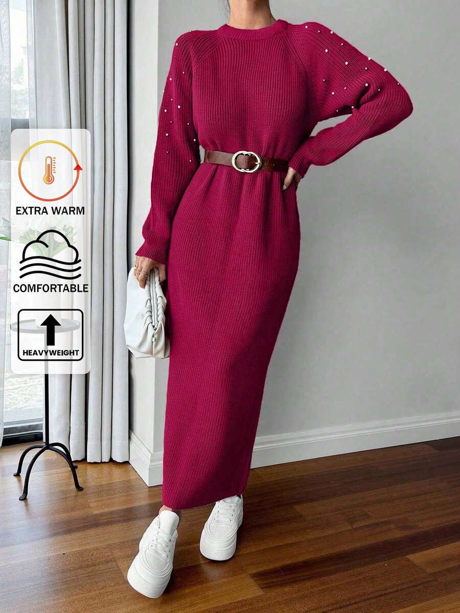SHEIN Cottnline Round Neck Raglan Sleeve Maxi Sweater Dress With Beading,Winter Dresses For Women,Petite - Hot Pink - View 1