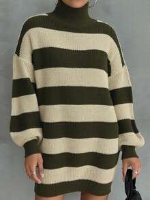 EURMUSE Women Drop Shoulder Sweater Dress With Striped Pattern - Army Green - View 3