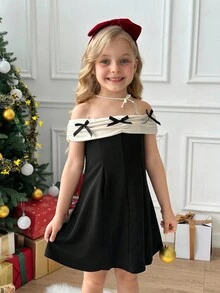 SHEIN 年轻女孩对比色蝴蝶结露肩镂空迷你连衣裙，黑色，返校节连衣裙，秋季连衣裙，返校节连衣裙，对比色蝴蝶结，拼接设计，无袖迷你连衣裙 - 黑與白 - 查看 11