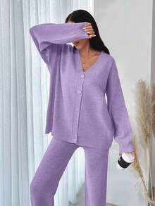 EURMUSE Women's Casual Loose Front Button Cardigan And Pants 2 Pieces Set, Autumn/Winter - Lilac Purple - View 5