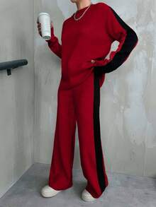 EURMUSE 2pcs/Set Contrast Color Casual Loose Long Sleeve Top And Pants Women Sweater Co-Ords,Petite,Winter Clothes - Red - View 5