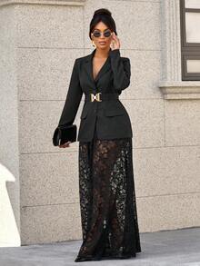 SOLERSUN 女士时尚商务休闲金属腰带西装外套和蕾丝裙（随机花卉） - 黑色 - 查看 3