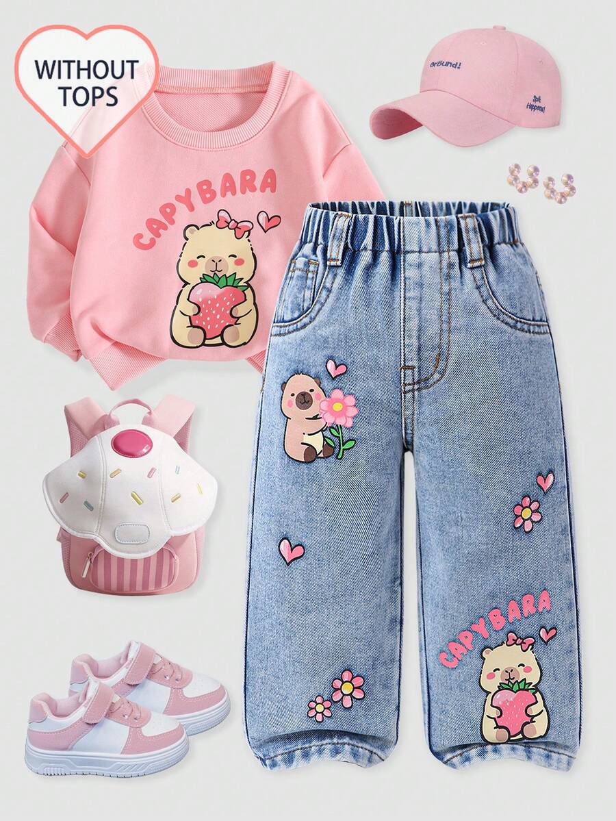SHEIN Playful Pals 女宝宝卡通水豚印花直筒牛仔裤,可爱甜美休闲时尚推荐!经典水洗蓝牛仔舒适面料,卡通印花图案,高腰松紧腰带+假链条装饰设计,直筒廓形,修身显腿长。适合日常出游、校园休闲、周末出游、返校季、度假等,让孩子的每一天都时尚活力! - 淺色水洗藍 - 查看 1