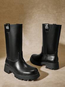 SHUZIA 女士日常经典时尚性感冬季狂野休闲PU凸纹鞋底中筒靴 - 黑色 - 查看 4