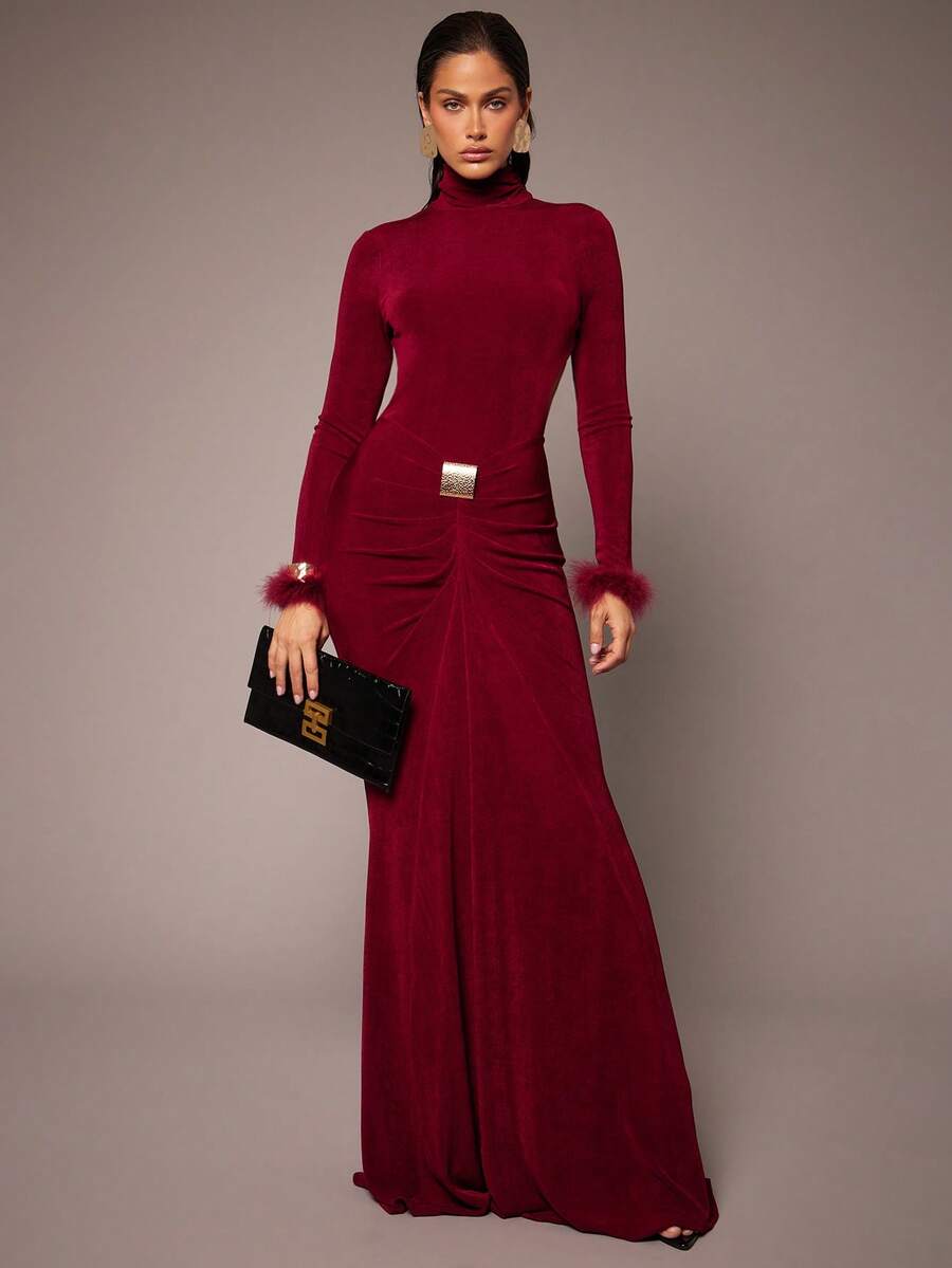 Silquee Rochie elegantă cu guler înalt și mânecă lungă, romantică toamnă/iarnă, roșu solid, vișiniu, bordeaux, pentru femei, design sexy fără spate, decor metalic, talie încrețită, culori bordeaux și roșu cărămiziu, rochie cu mânecă lungă tricotată cu elastic - Burgundia - Vizualizare 1