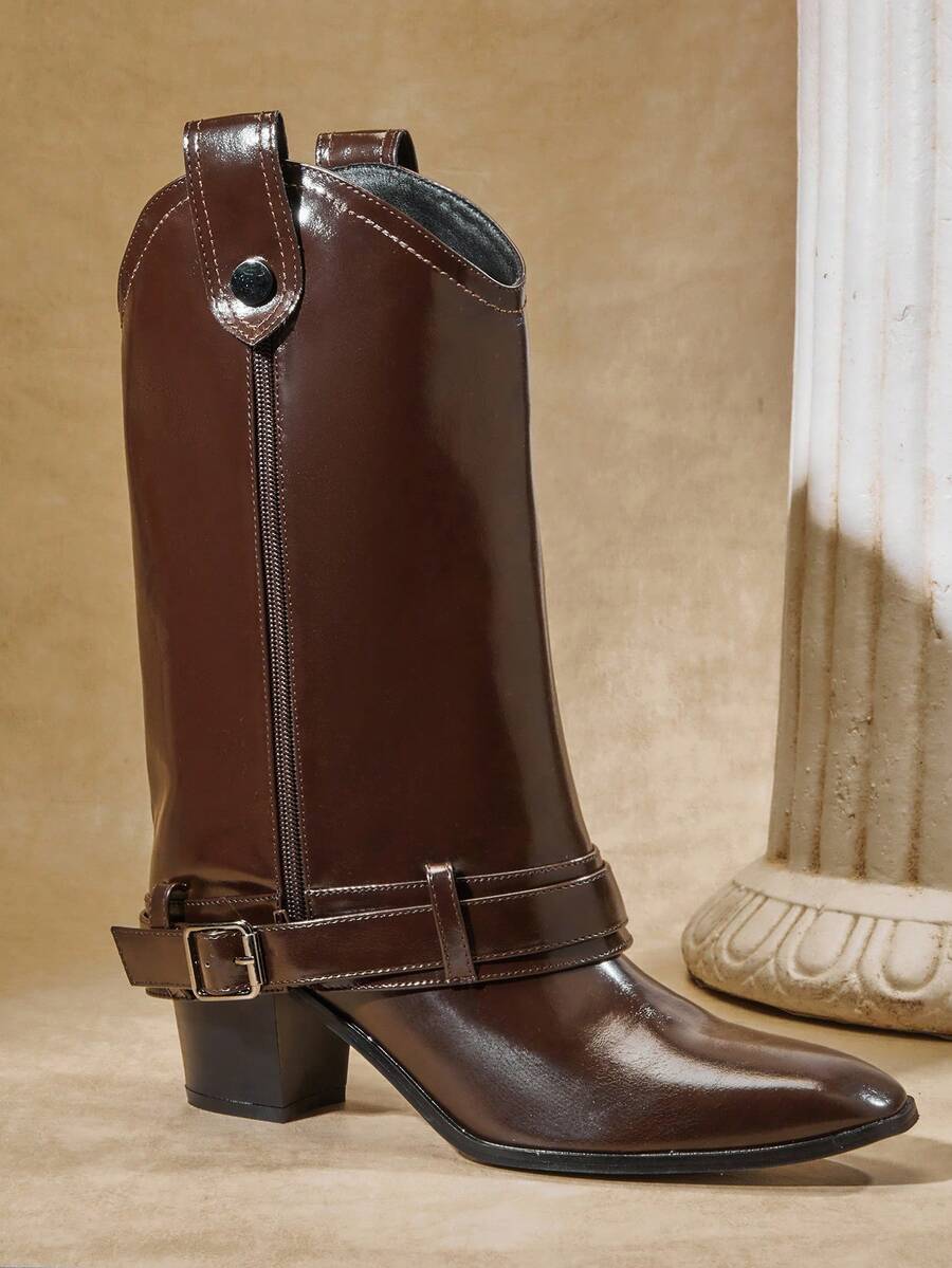 SHUZIA بوت نسائية ذات كعب مربع معدني مشبوك وأصبع مدبب جذاب وجذاب، تصميم قابل للطي حتى منتصف الساق - شوكولاته بني - مشاهدة 1