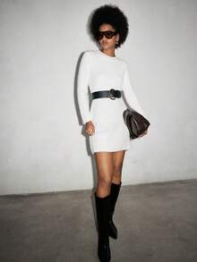 Lumivelle Women's Round Neck A-Line Hem Single-Sided Soft Fleece Casual Sweater Dress - White - View 6