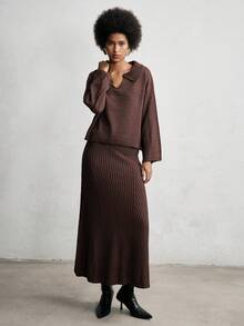 SHEIN LUNE Fashionable Commuter Polo Collar Loose Knit Sweater And Skirt Set - Coffee Brown - View 3