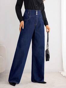 Elenzga 女式蓝色直筒高腰休闲百搭时尚牛仔裤 - 藍色 - 查看 3