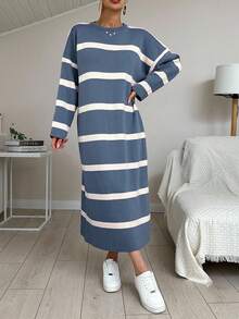 EURMUSE Women's Casual Loose Striped Round Neck Drop Shoulder Long Sleeve Knitted Dress, Autumn,Winter Dresses - Dusty Blue - View 5