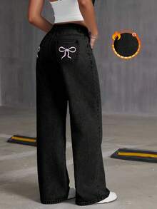 EURMUSE 女士刺绣蝴蝶结水洗直筒宽松牛仔裤加厚牛仔裤 - 黑色 - 查看 1