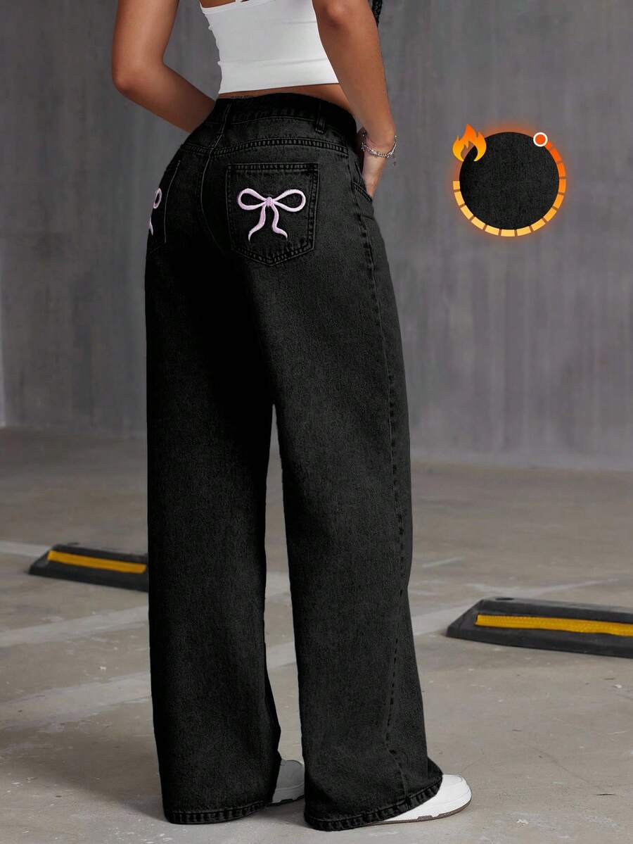EURMUSE 女士刺绣蝴蝶结水洗直筒宽松牛仔裤加厚牛仔裤 - 黑色 - 查看 1