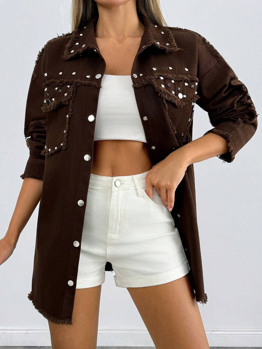 Cottnline 100%Cotton Studded Detail Flap Pocket Raw Trim Denim Coat - Brown - View 1