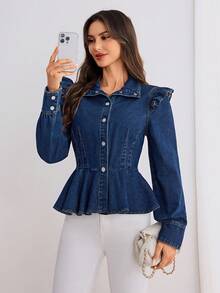 Elenzga 女士独特设计高品质蓝色牛仔长袖衬衫夹克，适合所有季节 - 深色水洗藍 - 查看 6