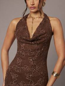 Silquee 畅销性感针织连衣裙，带有花卉串珠设计，优雅的紧身 V 领长裙，时尚网眼露背连衣裙，适合情人节约会、与朋友聚会、海滩度假、春夏连衣裙 - 卡其色 - 查看 4