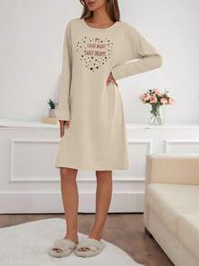 EURMUSE Women Contrast Colour Lettered Round Neck Long Sleeve Homewear Pajama Dress - Beige - View 6