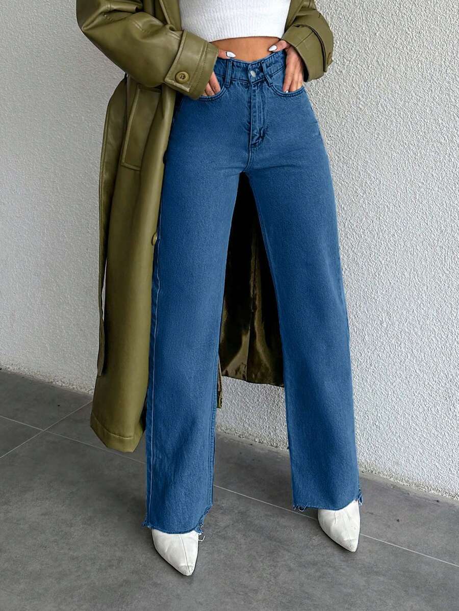 SHEIN Cottnline 女式高腰口袋阔腿宽松休闲百搭牛仔裤 - 藍色 - 查看 1