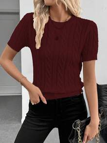 EMERY ROSE Blogger-Inspired Twist Rope Decor Round Neck Knit Sweater, Versatile, Autumn/Winter - Burgundy - View 6