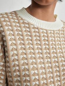 Lumivelle Women's Casual Fashion Young Minimalist Versatile Commute Loose Round Neck Lantern Sleeve Textured Knit Sweater, Autumn/Winter - Khaki - View 2